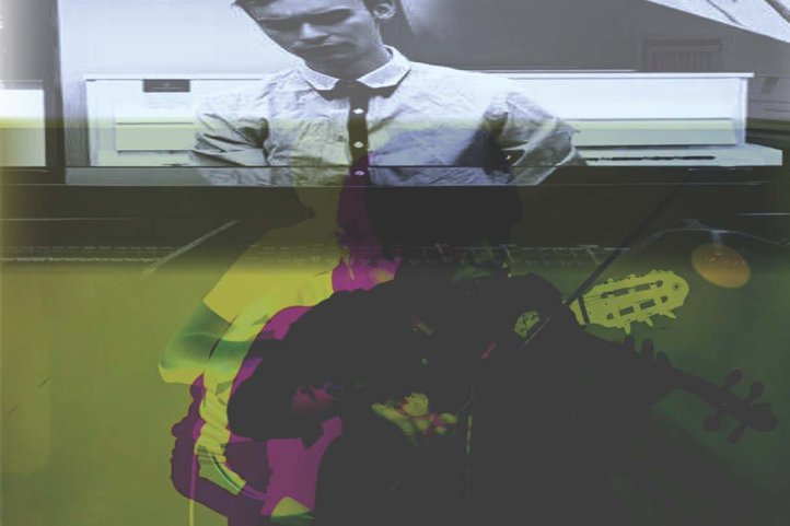 Double exposure image with a musician playing a string instrument overlayed on a black and white portrait of a man in a button-up shirt