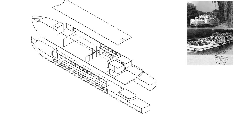 Axonometric drawing of the ship with the roof lifted off and a historical photograph.
