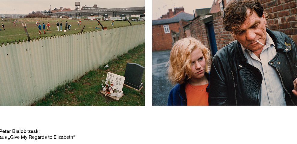 Diptych from Give My Regards to Elizabeth: soccer field with memorial stone and man with child.