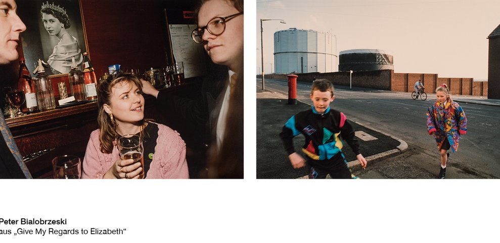 Diptych from Give My Regards to Elizabeth: pub scene and children running on an English street.