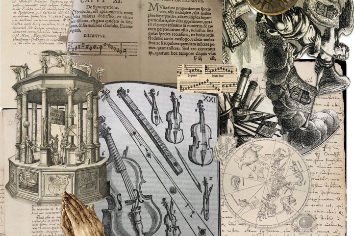 Collage zur Musik am Hof Rudolfs II.: Notendrucke, Handschriften, historische Streichinstrumente, ein
Astrolabium und eine Sternkarte.