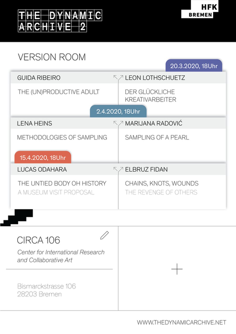 Event poster The Dynamic Archive 2 – Version Room at CIRCA 106 Bremen with program and dates.