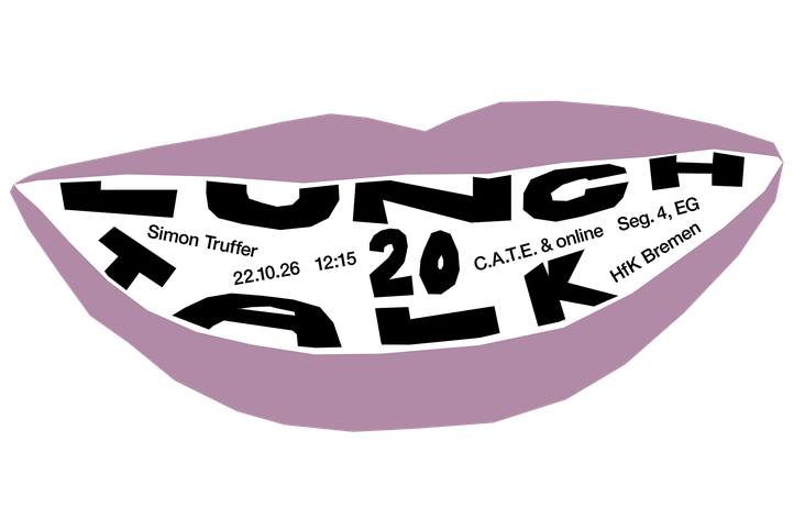 Plakat zum Lunch Talk 20 mit Simon Truffer: ein stilisierter lila Mund, dessen Zähne den Schriftzug „Lunch Talk“ bilden.