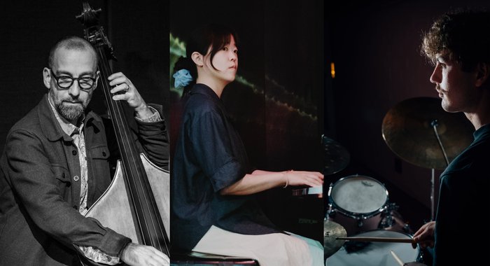 Das Jihye Kim Trio in drei Bildern: Martin Gruet am Kontrabass, Jihye Kim am Klavier, Frederik Palupski am Schlagzeug.