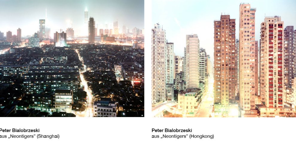 Diptych from Neontigers: nighttime Shanghai skyline and high-rise buildings in Hong Kong.