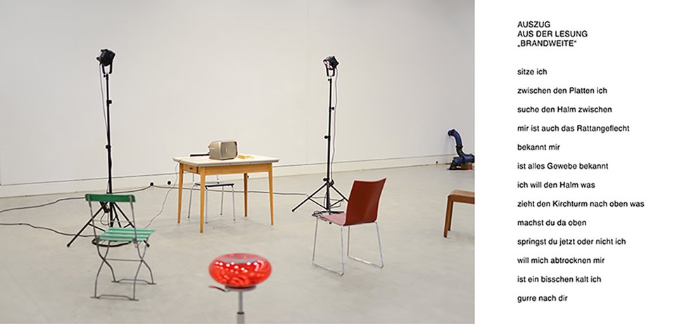 Rauminstallation von Armin Wischkony mit Stühlen, Tisch, Lampen und projiziertem Gedichttext.