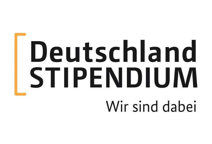 Logo Deutschlandstipendium mit dem Zusatz „Wir sind dabei“.
